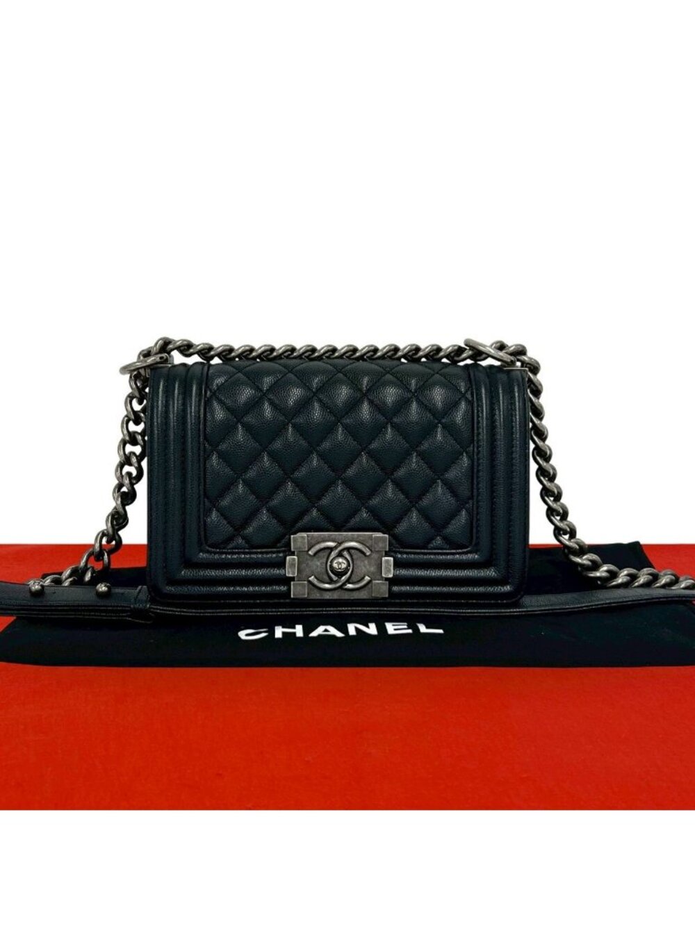 Chanel Boy CC Logo Caviar Leather Shoulder Bag Black